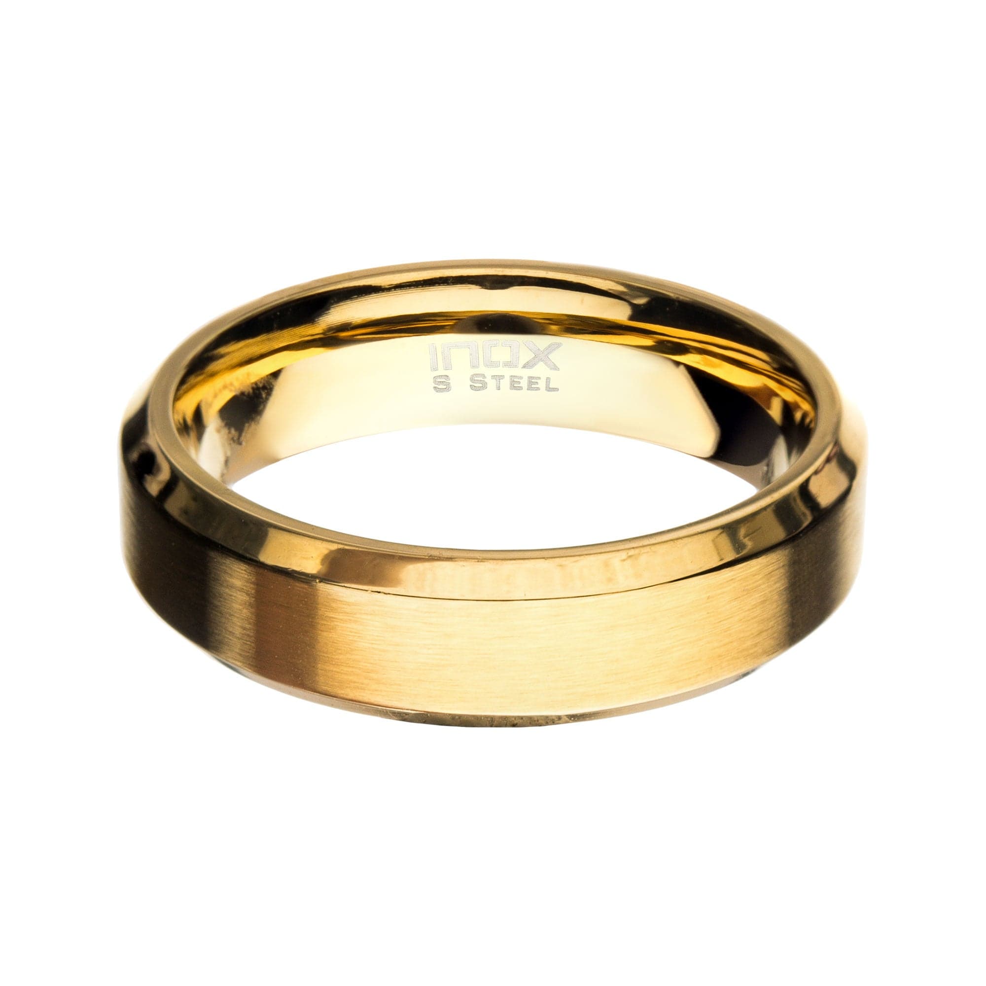 INOX JEWELRY Rings 18K Golden Tone Ion Plated Stainless Steel 6mm Matte Finish Beveled Band Ring