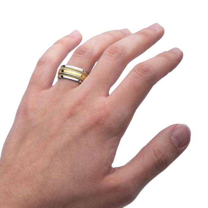 INOX JEWELRY Rings 18K Golden Tone Ion Plated Stainless Steel Double Rope Inlay Comfort Fit Two-tone Ring