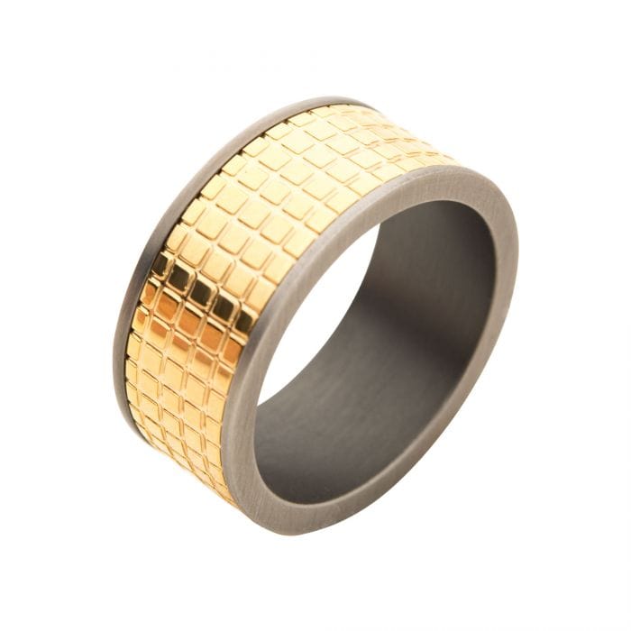 INOX JEWELRY Rings 18K Golden Tone Ion Plated Stainless Steel Gunmetal Border with Grid Inlay Ring