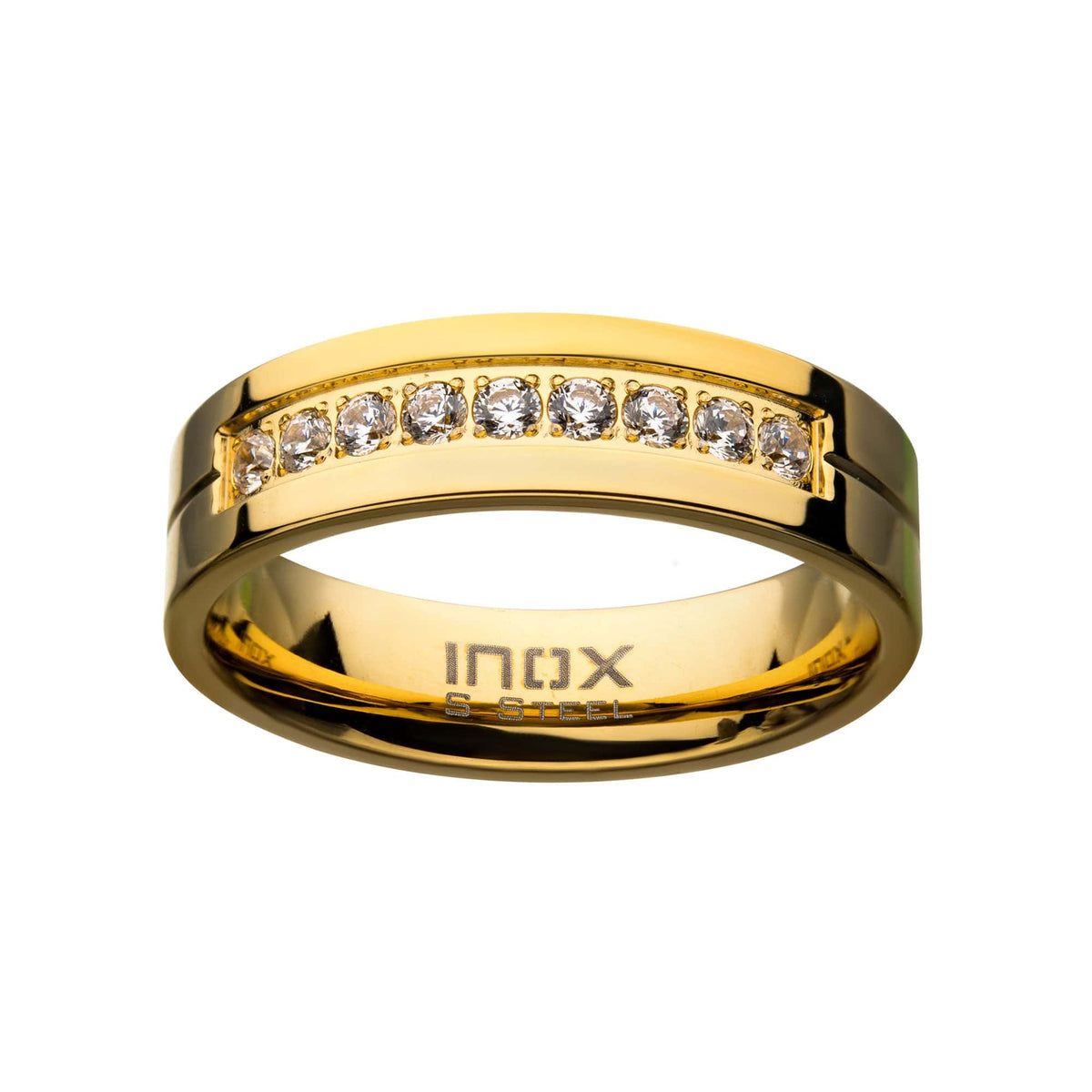 INOX JEWELRY Rings 18K Golden Tone Ion Plated Stainless Steel with Channel Set CZ Band Ring