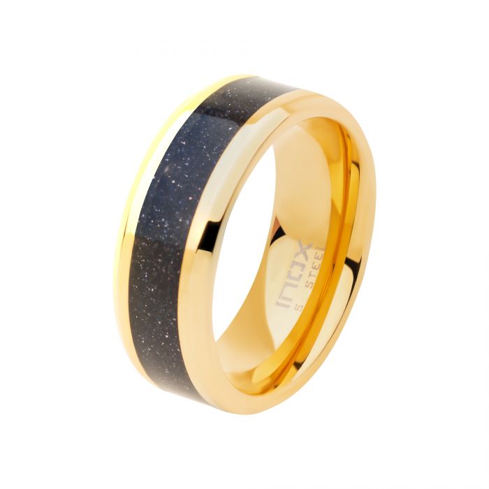 INOX JEWELRY Rings 18K Golden Tone Ion Plated Stainless Steel with Genuine Blue Sandstone Inlay Ring