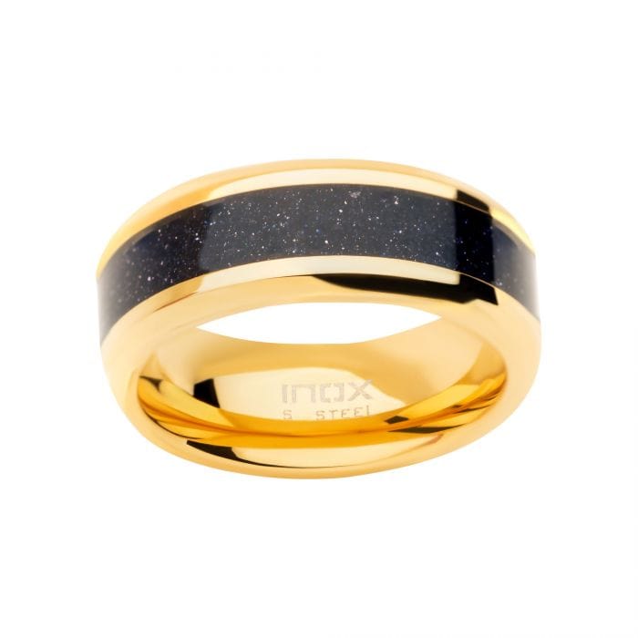 INOX JEWELRY Rings 18K Golden Tone Ion Plated Stainless Steel with Genuine Blue Sandstone Inlay Ring