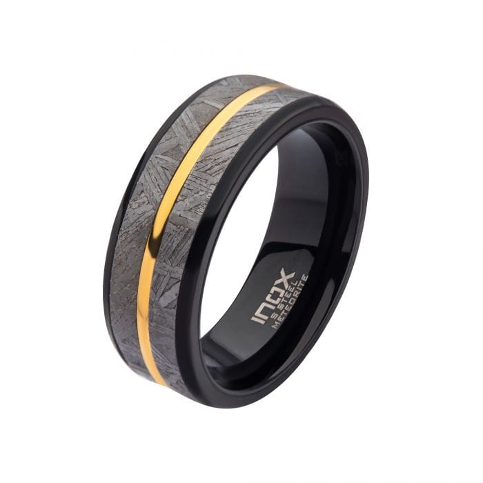 INOX JEWELRY Rings 18K Golden Tone Ion Plated Stainless Steel with Genuine Meteorite Inlay with Black Tone Band Ring FRMT1386K-10