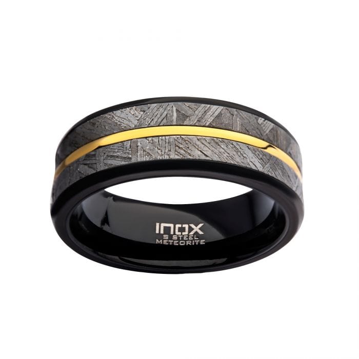 INOX JEWELRY Rings 18K Golden Tone Ion Plated Stainless Steel with Genuine Meteorite Inlay with Black Tone Band Ring FRMT1386K-10