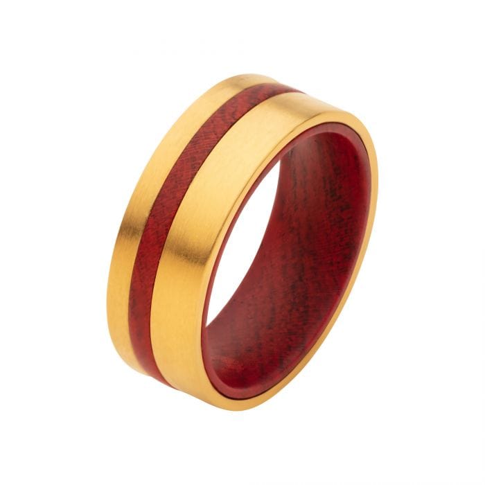 INOX JEWELRY Rings 18K Golden Tone Ion Plated Stainless Steel with Redwood Inlay Ring