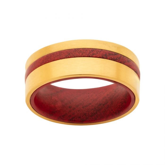 INOX JEWELRY Rings 18K Golden Tone Ion Plated Stainless Steel with Redwood Inlay Ring