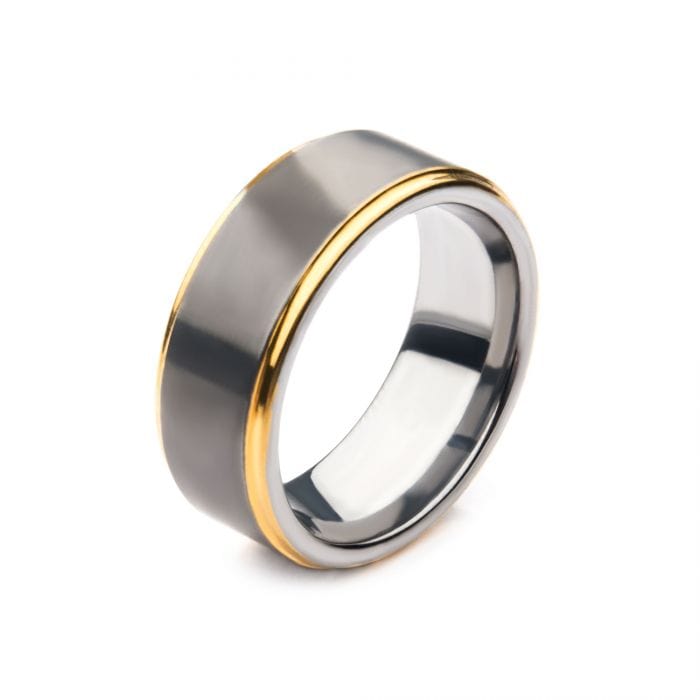 INOX JEWELRY Rings 18K Golden Tone Ion Plated with Gunmetal Finish Stainless Steel Wedding Band Ring