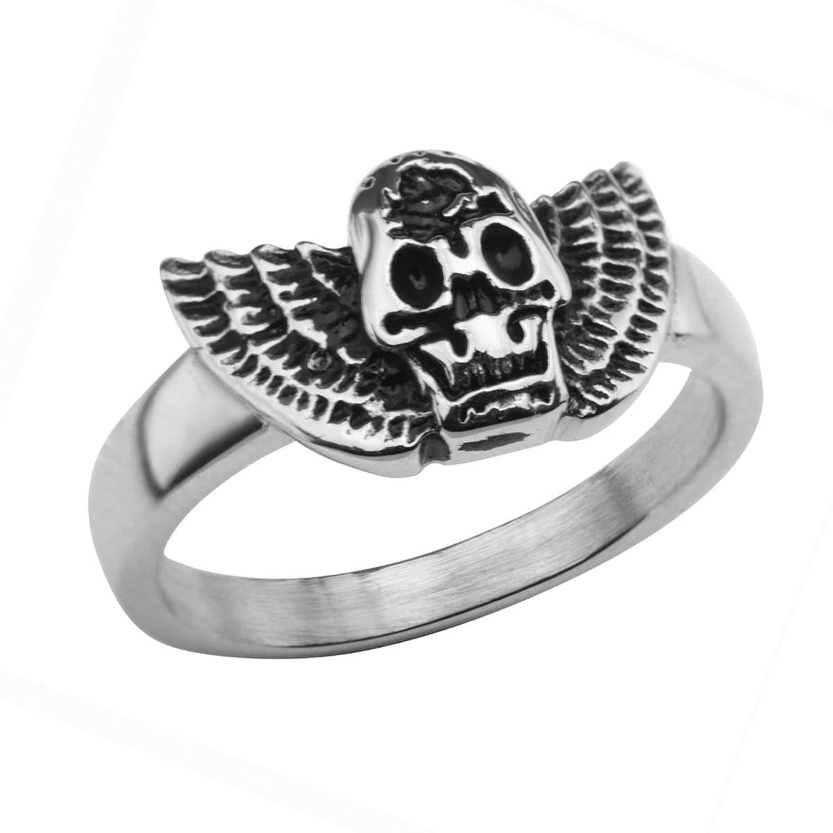 INOX JEWELRY Rings Antiqued Silver Tone Stainless Skull with Wings Ring