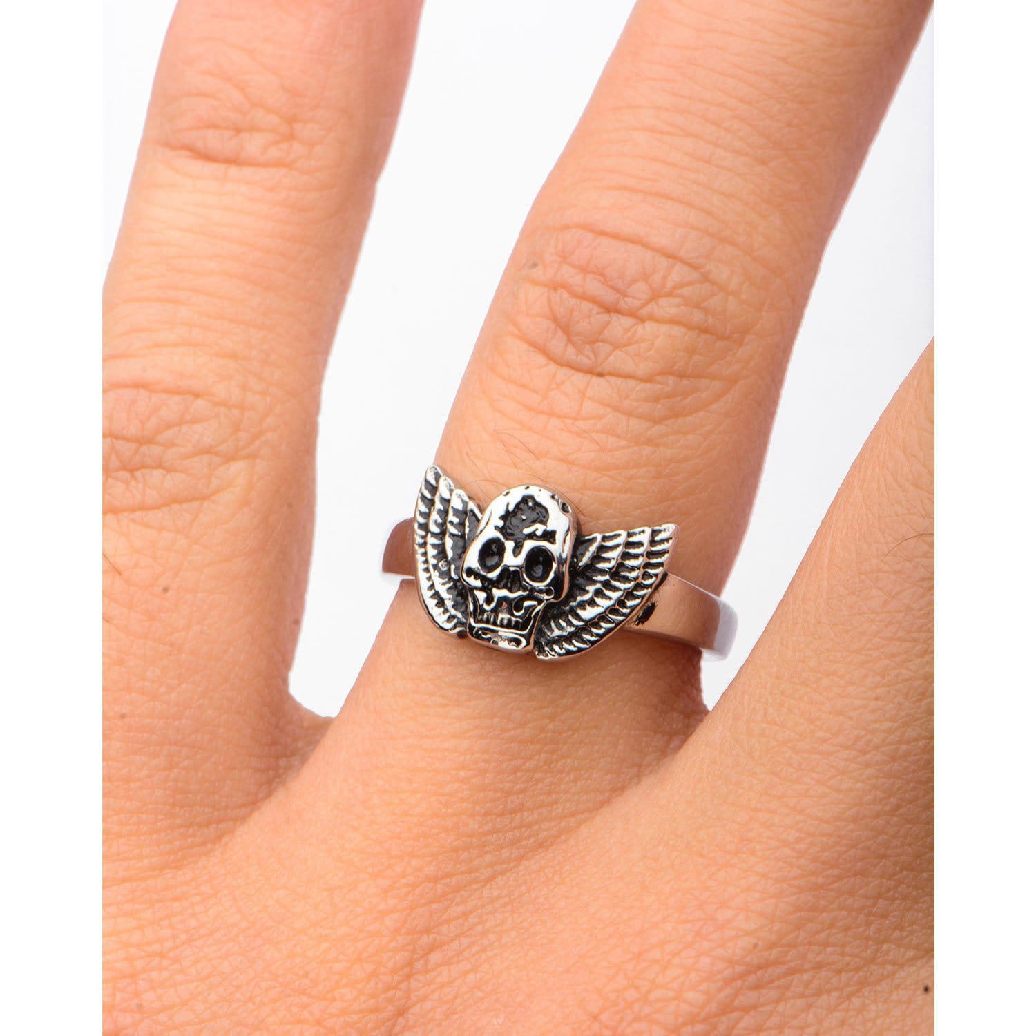 INOX JEWELRY Rings Antiqued Silver Tone Stainless Skull with Wings Ring