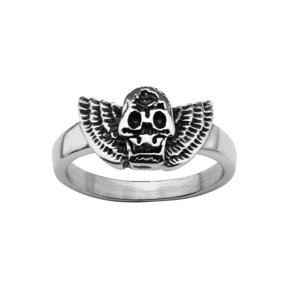 INOX JEWELRY Rings Antiqued Silver Tone Stainless Skull with Wings Ring