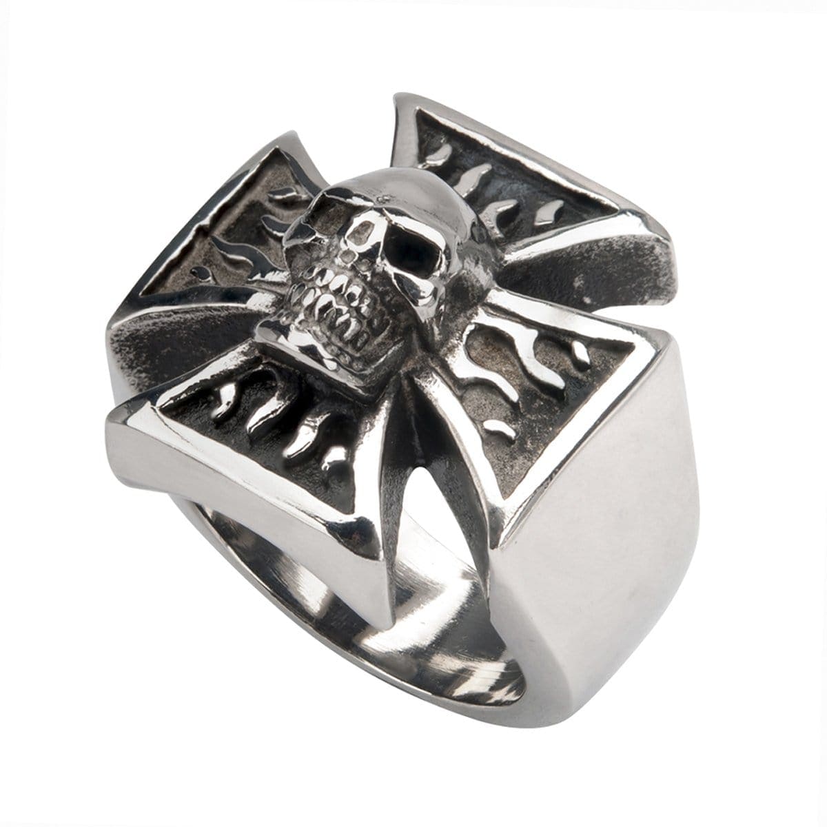 INOX JEWELRY Rings Antiqued Silver Tone Stainless Steel Biker's Cross Skull Ring