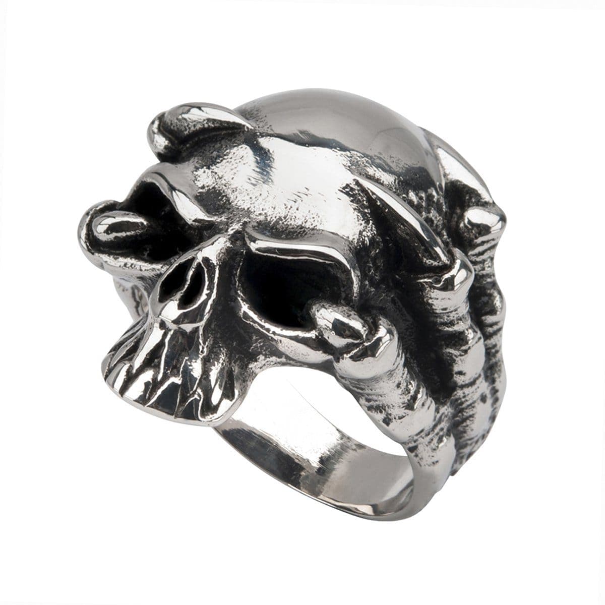 INOX JEWELRY Rings Antiqued Silver Tone Stainless Steel Claw-Grip Hallowed Jaw Skull Ring