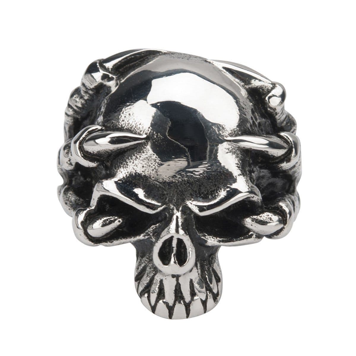 INOX JEWELRY Rings Antiqued Silver Tone Stainless Steel Claw-Grip Hallowed Jaw Skull Ring