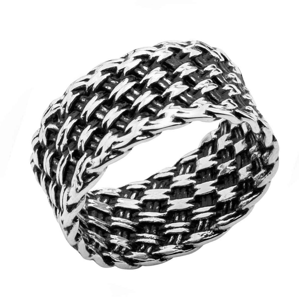 INOX JEWELRY Rings Antiqued Silver Tone Stainless Steel Cross-Weave Woven Pattern Ring