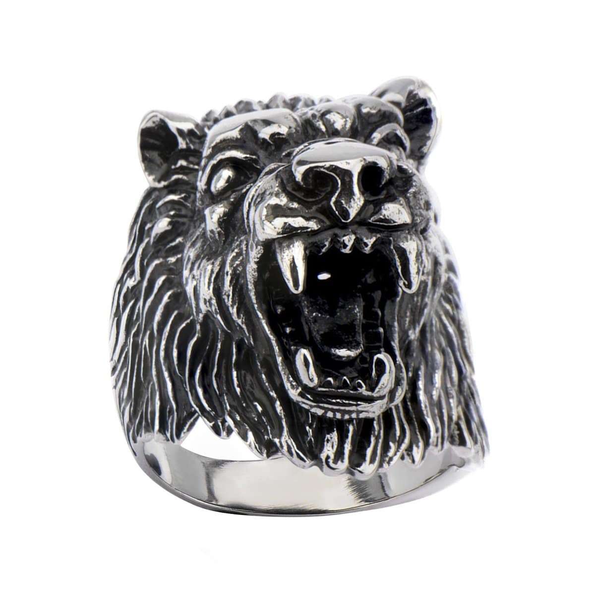 INOX JEWELRY Rings Antiqued Silver Tone Stainless Steel Fierce Wolf Head Ring