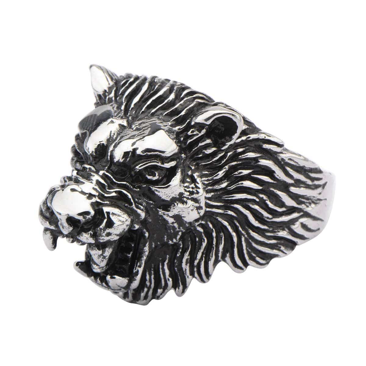 INOX JEWELRY Rings Antiqued Silver Tone Stainless Steel Fierce Wolf Head Ring