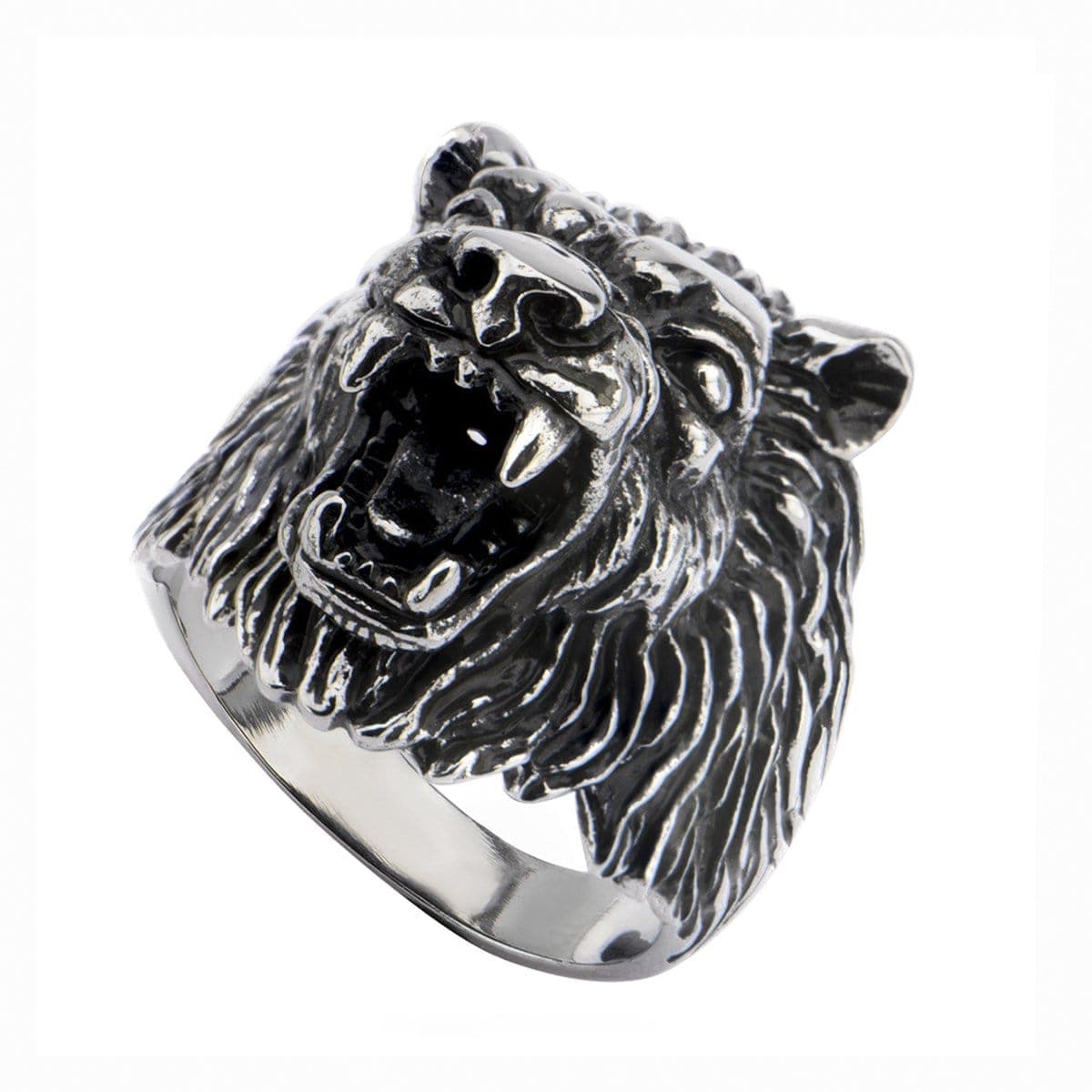 INOX JEWELRY Rings Antiqued Silver Tone Stainless Steel Fierce Wolf Head Ring