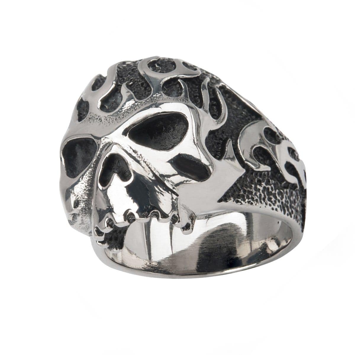 INOX JEWELRY Rings Antiqued Silver Tone Stainless Steel Flaming Skull Ring