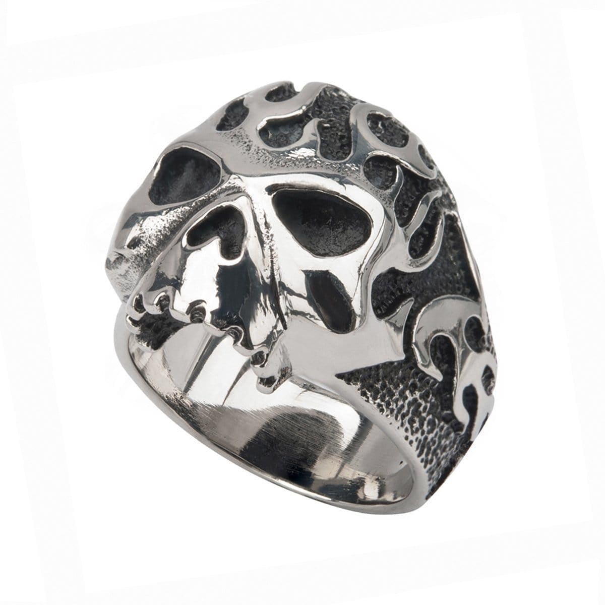 INOX JEWELRY Rings Antiqued Silver Tone Stainless Steel Flaming Skull Ring