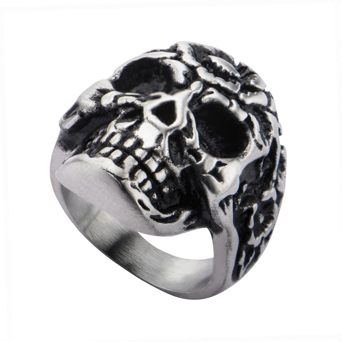 INOX JEWELRY Rings Antiqued Silver Tone Stainless Steel Flower Head Skull Ring