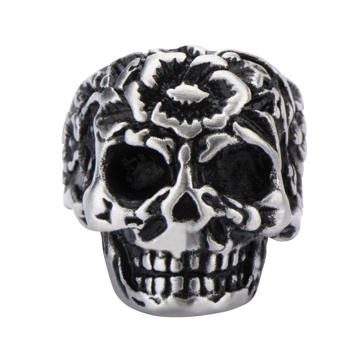 INOX JEWELRY Rings Antiqued Silver Tone Stainless Steel Flower Head Skull Ring