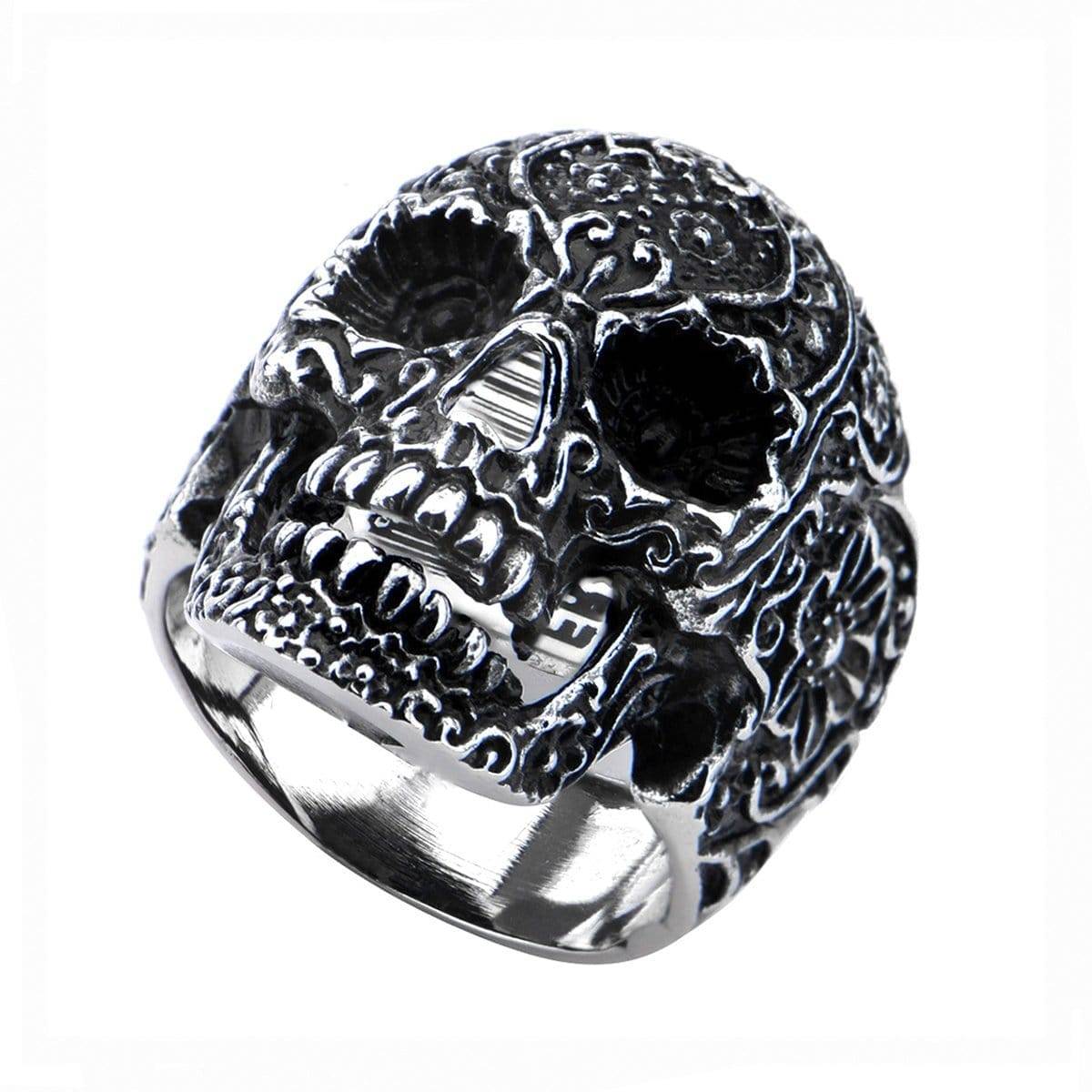 INOX JEWELRY Rings Antiqued Silver Tone Stainless Steel Full Tattooed Skull Ring