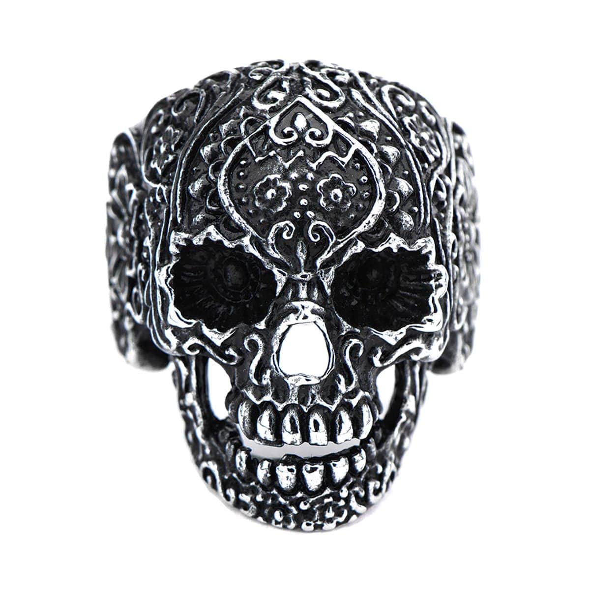 INOX JEWELRY Rings Antiqued Silver Tone Stainless Steel Full Tattooed Skull Ring