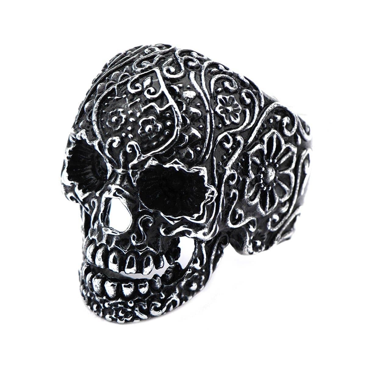 INOX JEWELRY Rings Antiqued Silver Tone Stainless Steel Full Tattooed Skull Ring