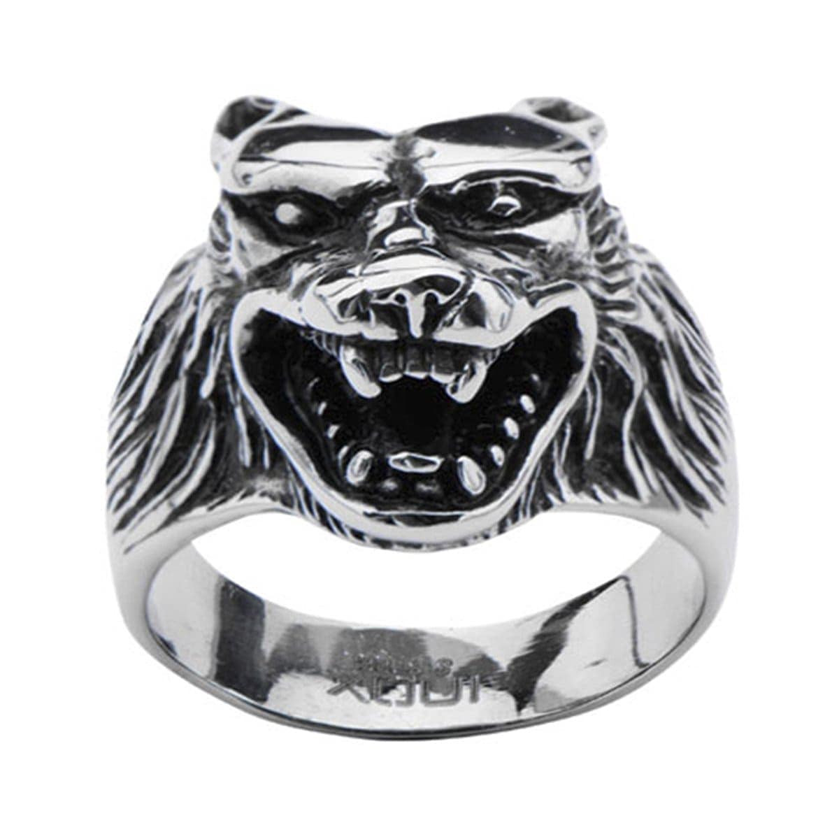INOX JEWELRY Rings Antiqued Silver Tone Stainless Steel Growling Wolf Ring