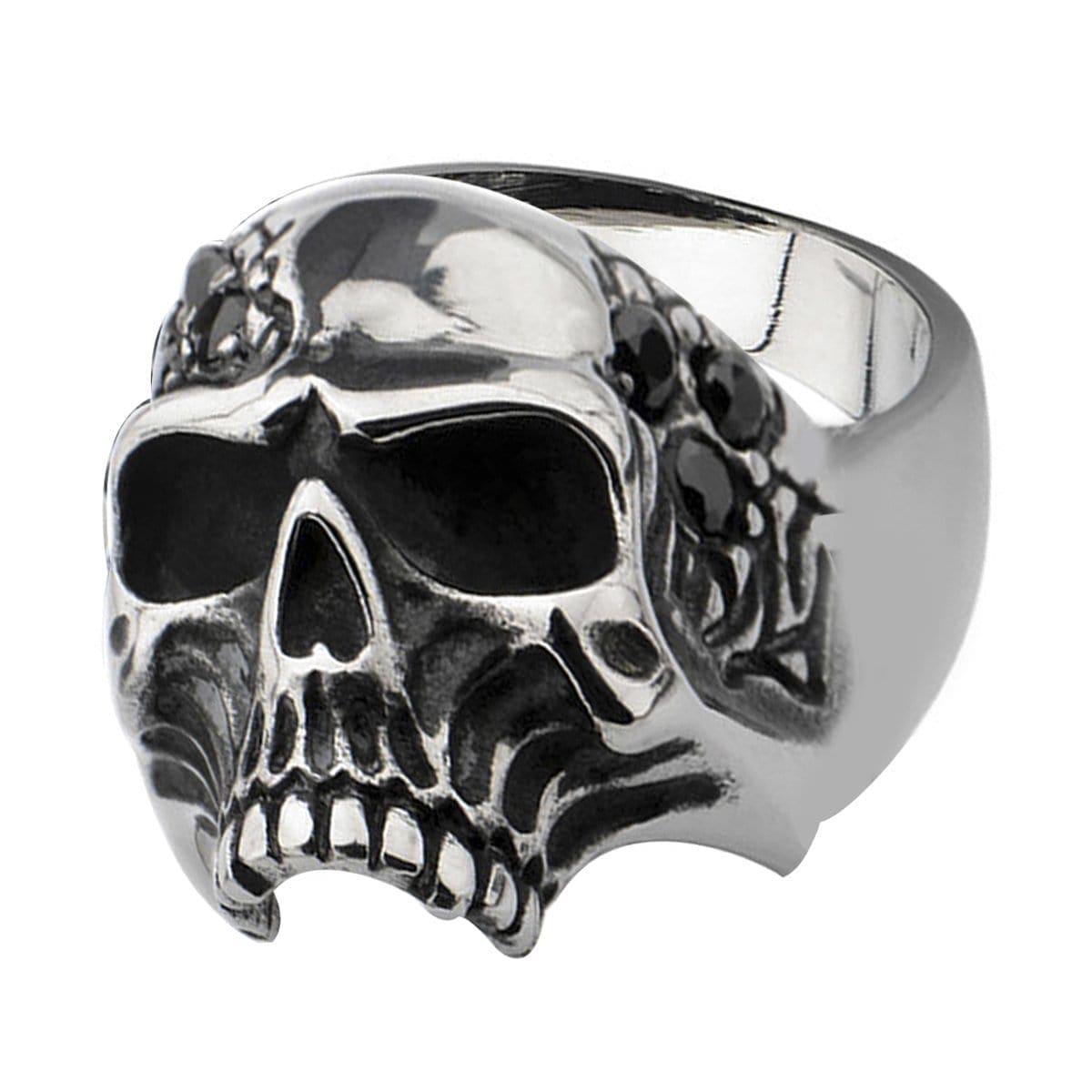 INOX JEWELRY Rings Antiqued Silver Tone Stainless Steel Half Skull with Black CZ Ring