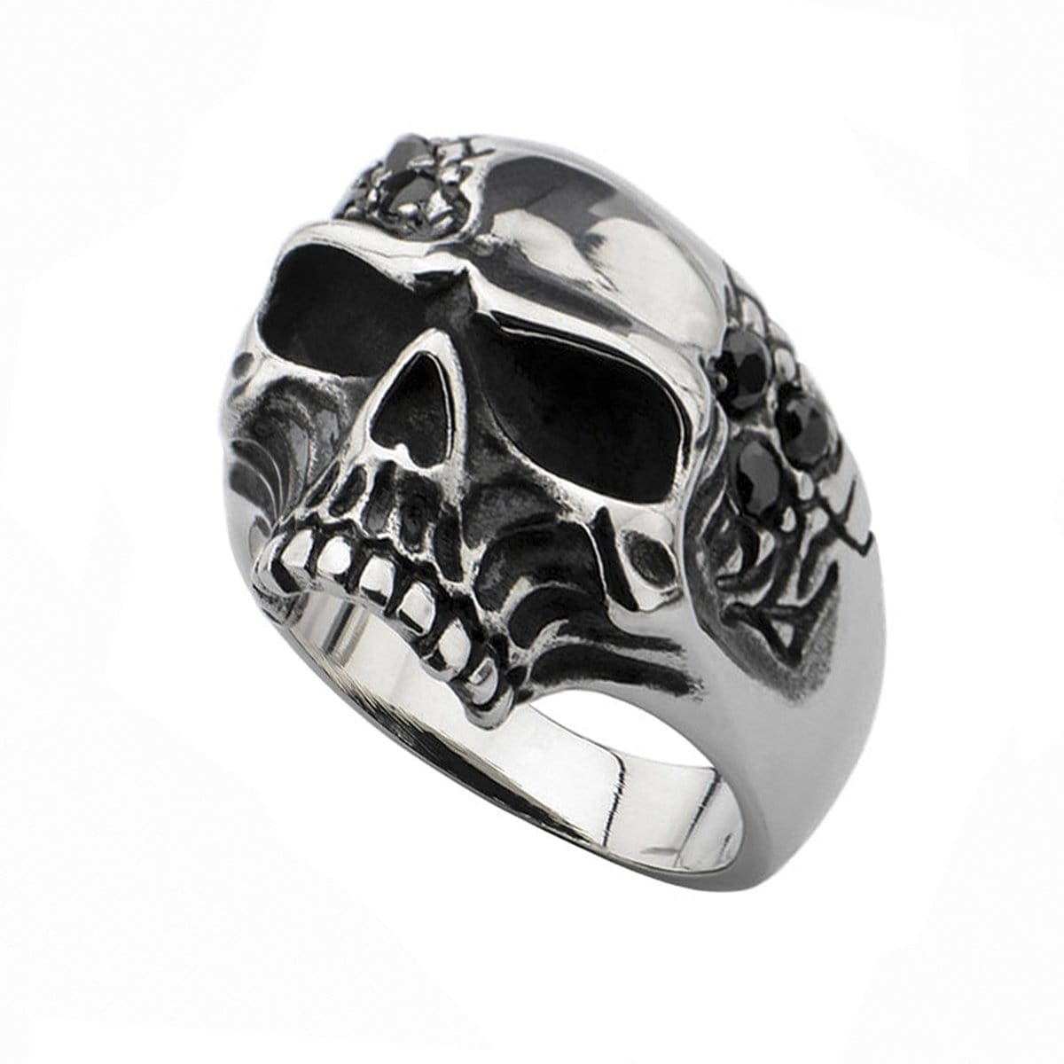 INOX JEWELRY Rings Antiqued Silver Tone Stainless Steel Half Skull with Black CZ Ring