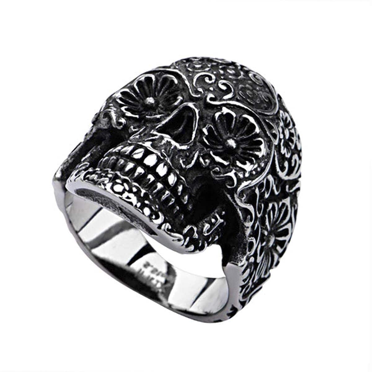 INOX JEWELRY Rings Antiqued Silver Tone Stainless Steel Hallowed Skull Floral Design Ring