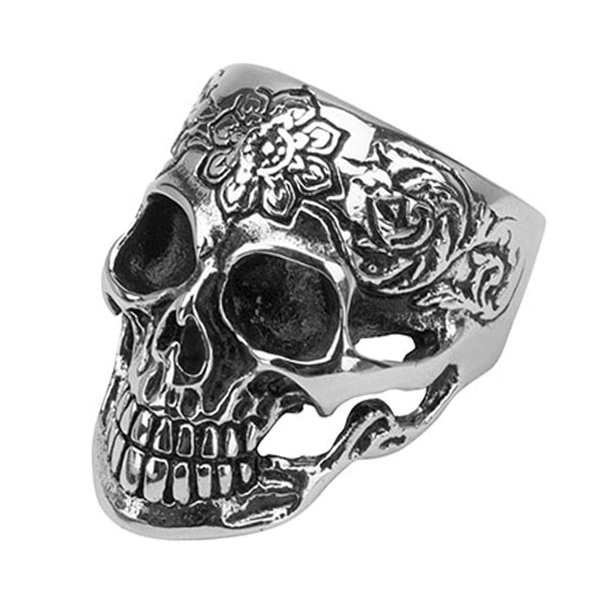 INOX JEWELRY Rings Antiqued Silver Tone Stainless Steel Intricate Flower Tattoo Skull Ring
