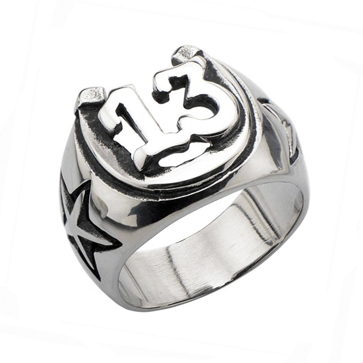 INOX JEWELRY Rings Antiqued Silver Tone Stainless Steel Lucky 13 Horseshoe Ring