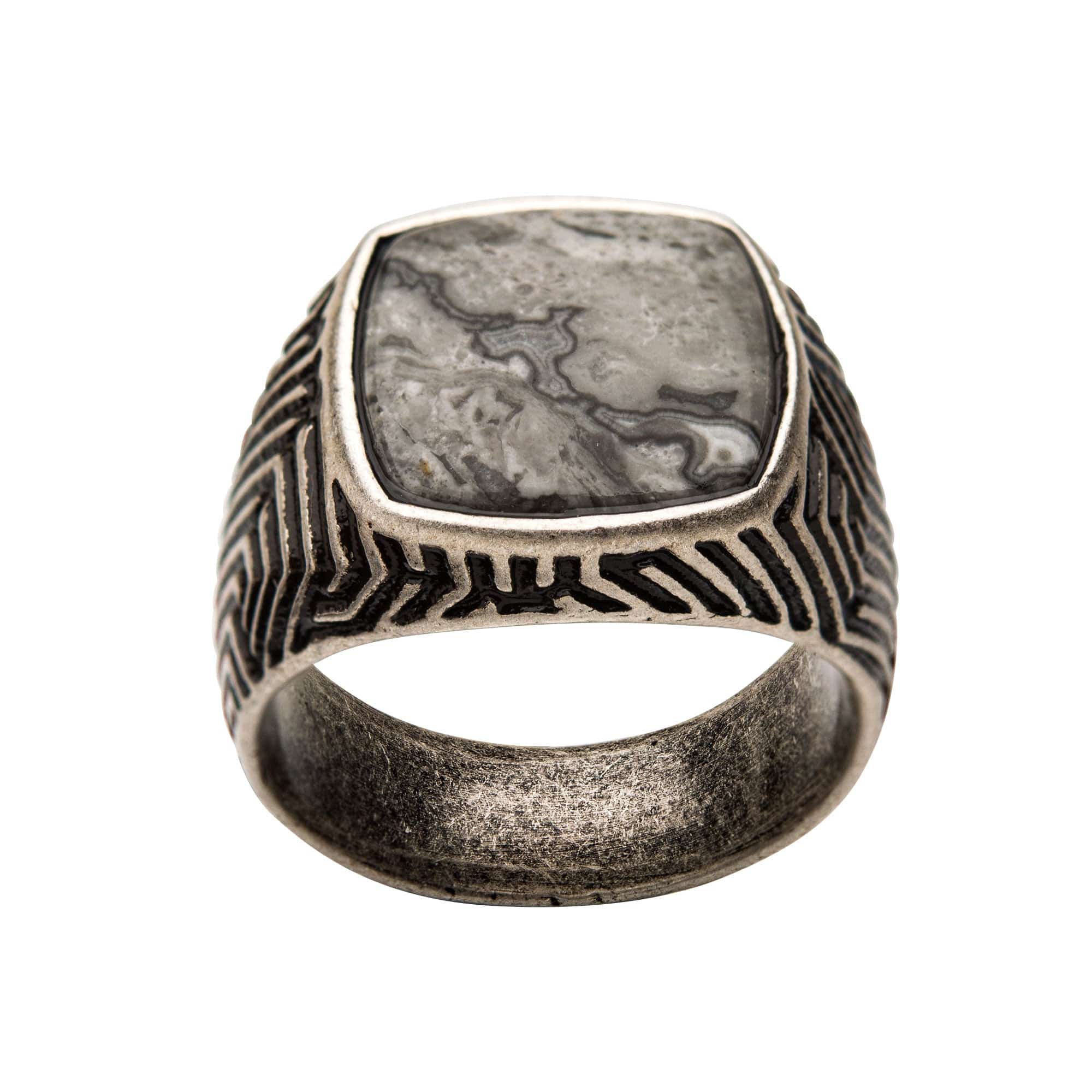 INOX JEWELRY Rings Antiqued Silver Tone Stainless Steel Matte Finish Grey Jasper Ring