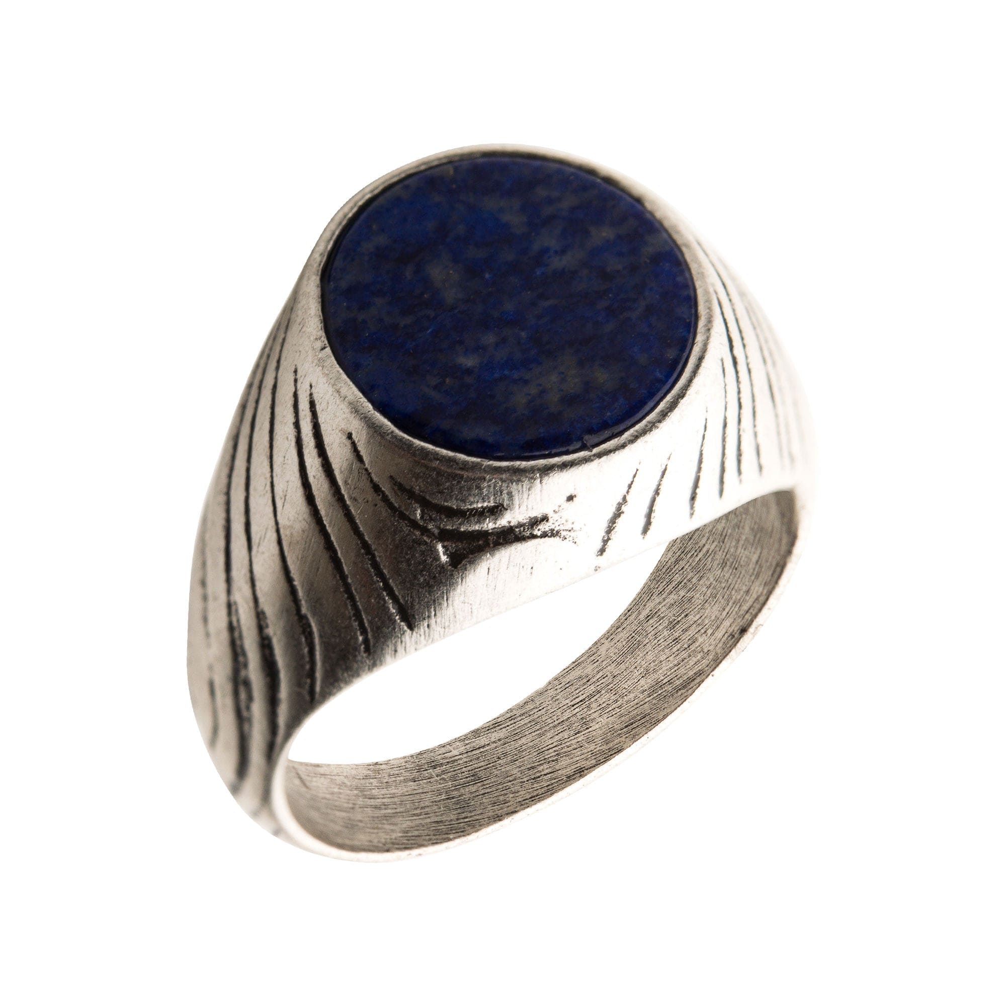 INOX JEWELRY Rings Antiqued Silver Tone Stainless Steel Matte Finish Lapis Lazuli Ring
