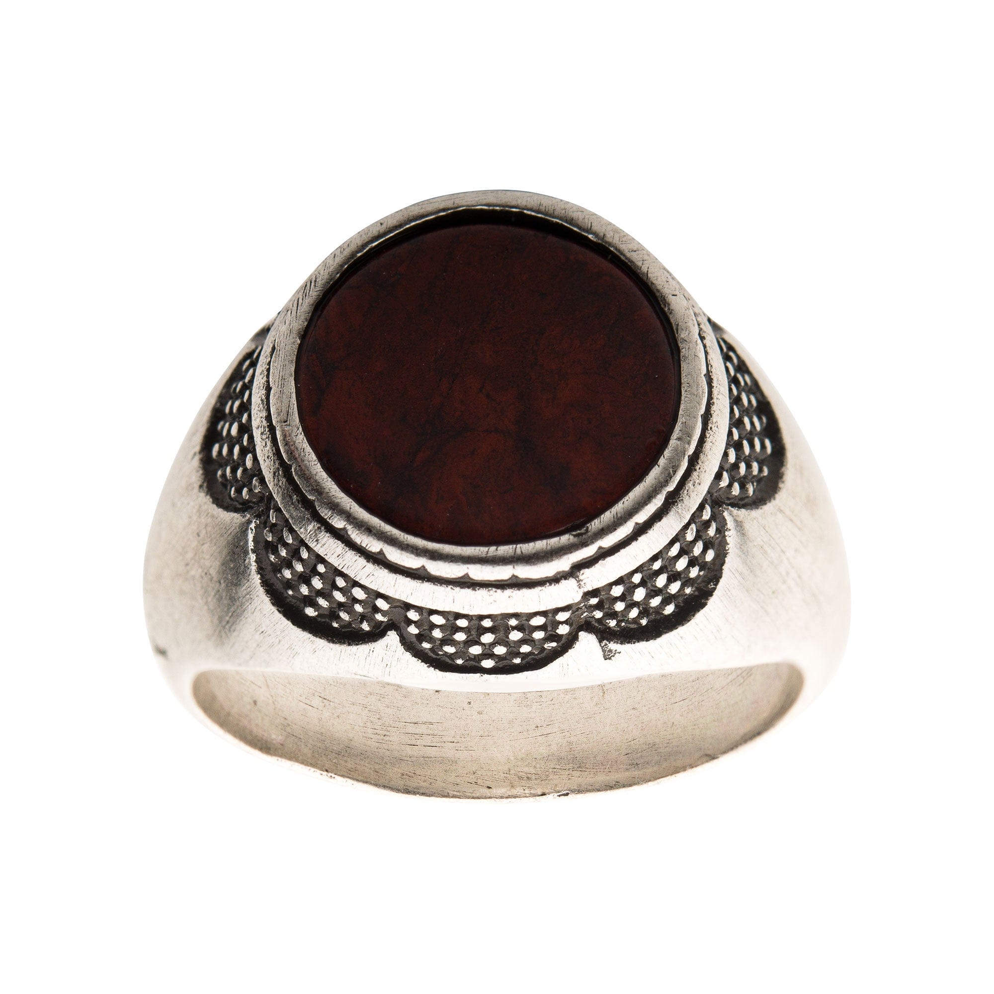 INOX JEWELRY Rings Antiqued Silver Tone Stainless Steel Matte Finish Red Jasper Ring