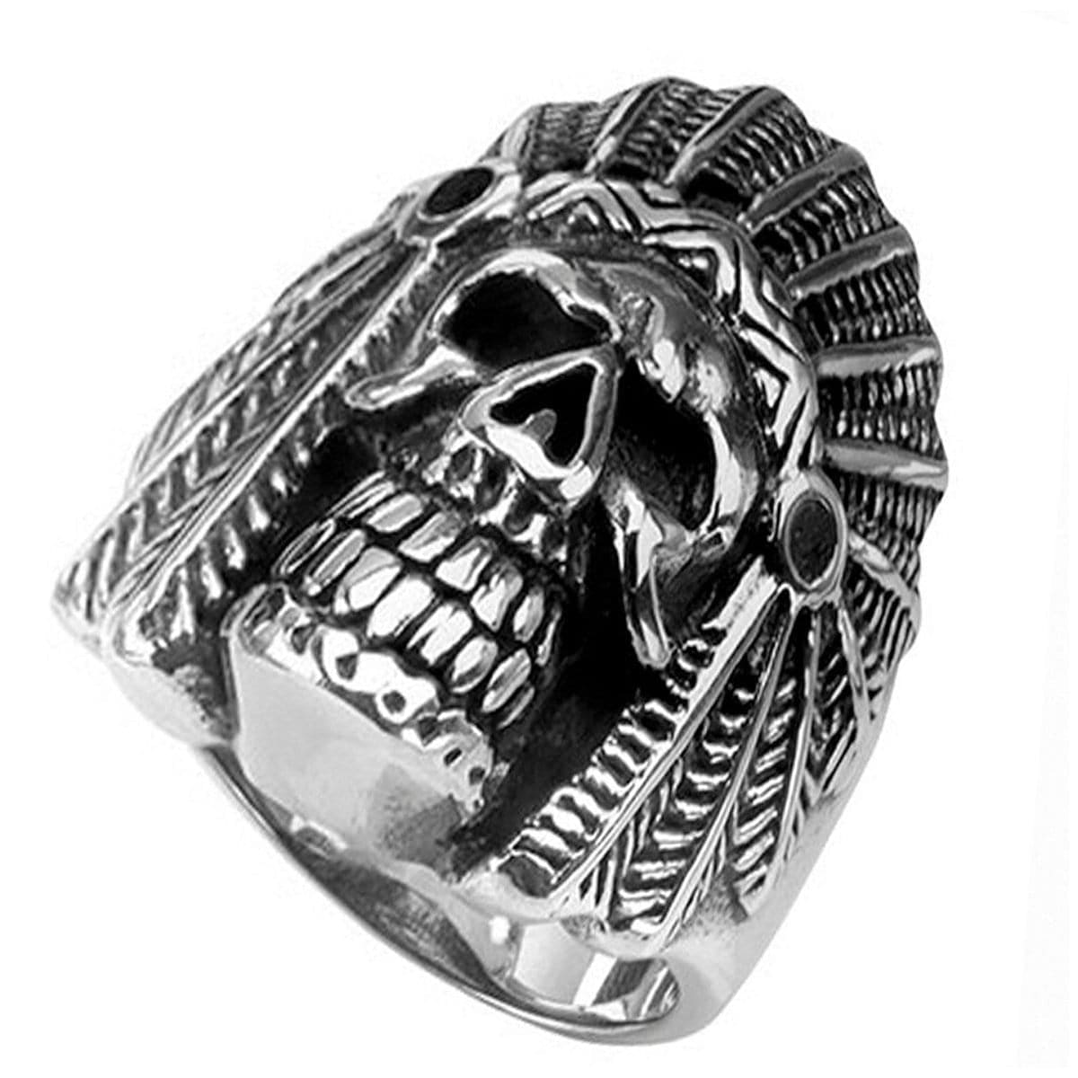 INOX JEWELRY Rings Antiqued Silver Tone Stainless Steel Native American Chief Skull Ring