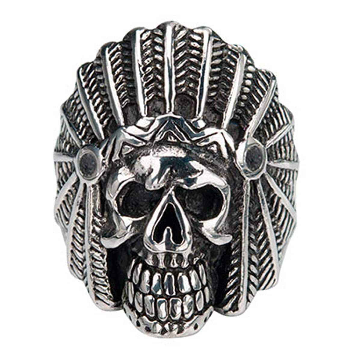 INOX JEWELRY Rings Antiqued Silver Tone Stainless Steel Native American Chief Skull Ring