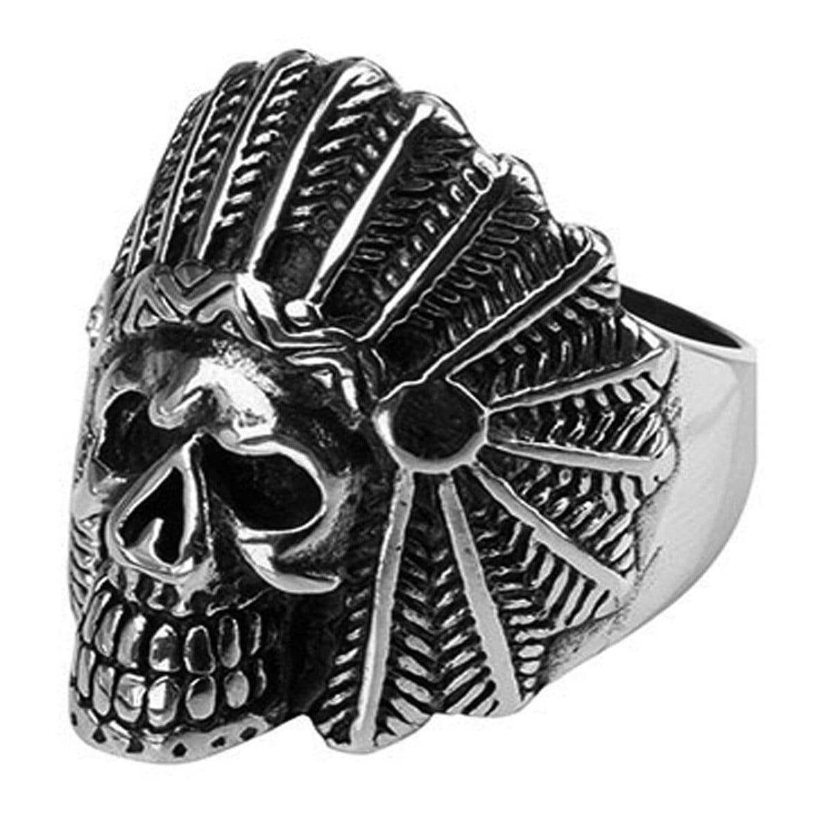 INOX JEWELRY Rings Antiqued Silver Tone Stainless Steel Native American Chief Skull Ring