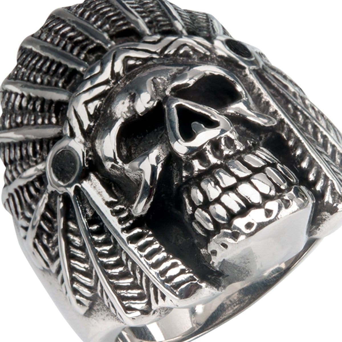 INOX JEWELRY Rings Antiqued Silver Tone Stainless Steel Native American Chief Skull Ring