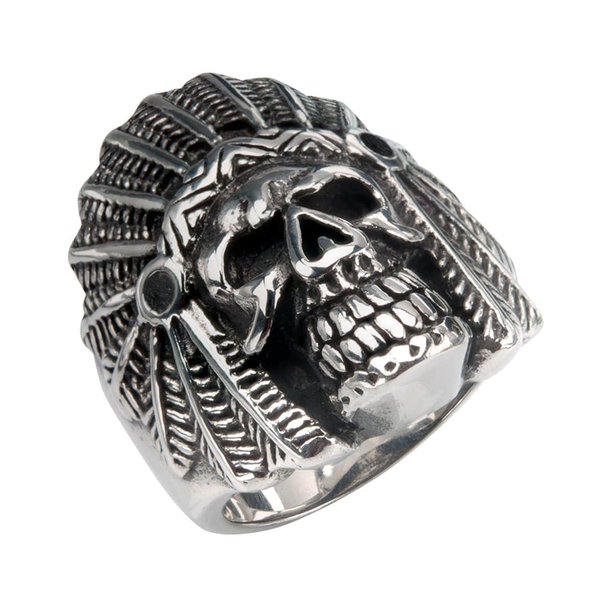 INOX JEWELRY Rings Antiqued Silver Tone Stainless Steel Native American Chief Skull Ring