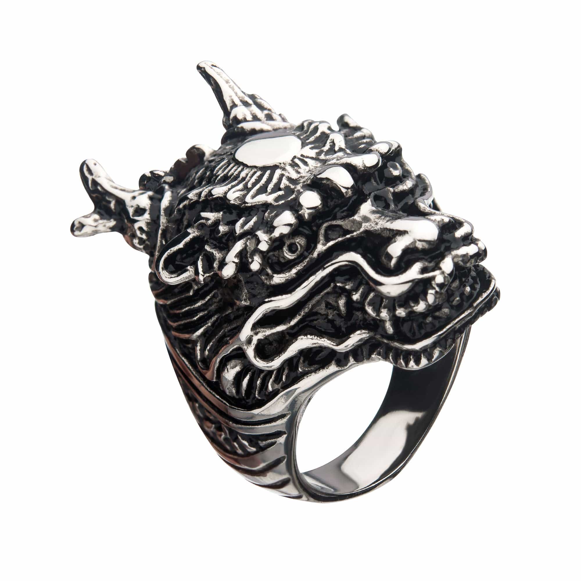 INOX JEWELRY Rings Antiqued Silver Tone Stainless Steel Oxidize Finish Wyvern Dragon Ring