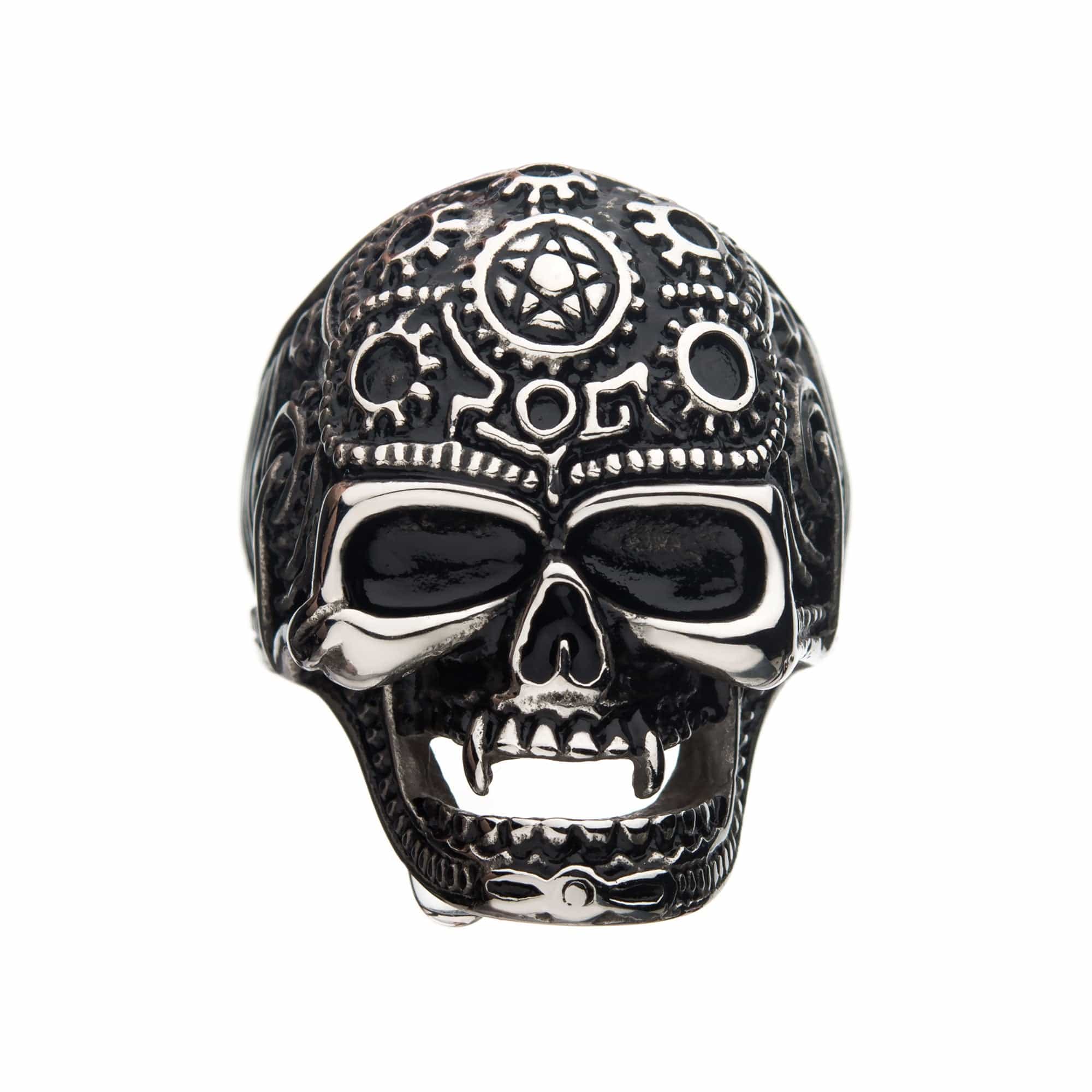 INOX JEWELRY Rings Antiqued Silver Tone Stainless Steel Oxidized Finish Vampire Skull Ring