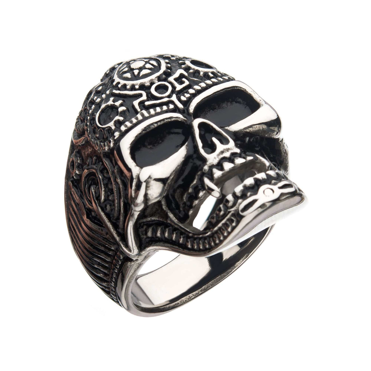 INOX JEWELRY Rings Antiqued Silver Tone Stainless Steel Oxidized Finish Vampire Skull Ring