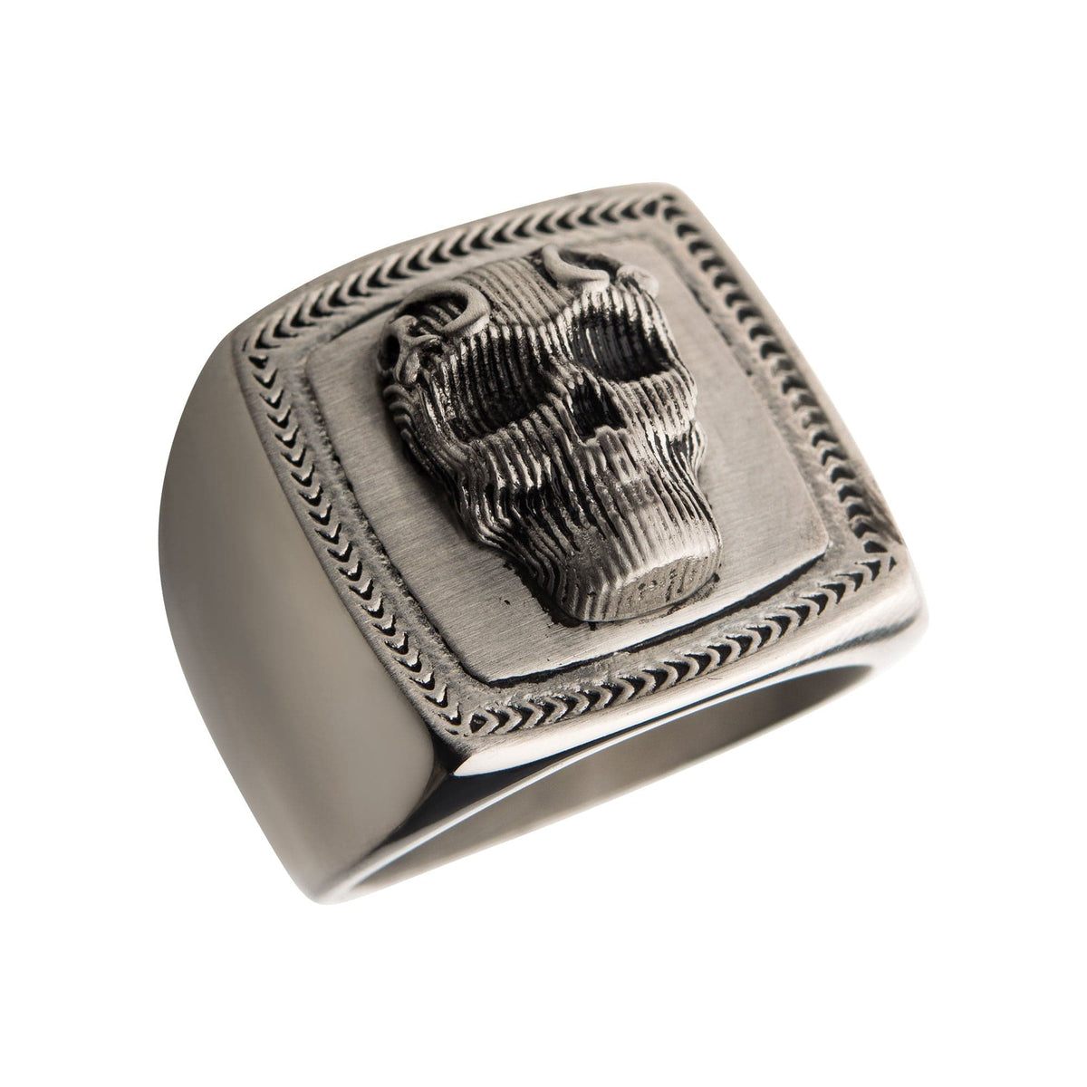 INOX JEWELRY Rings Antiqued Silver Tone Stainless Steel Oxidized Matte Finish 3D Skull Ring