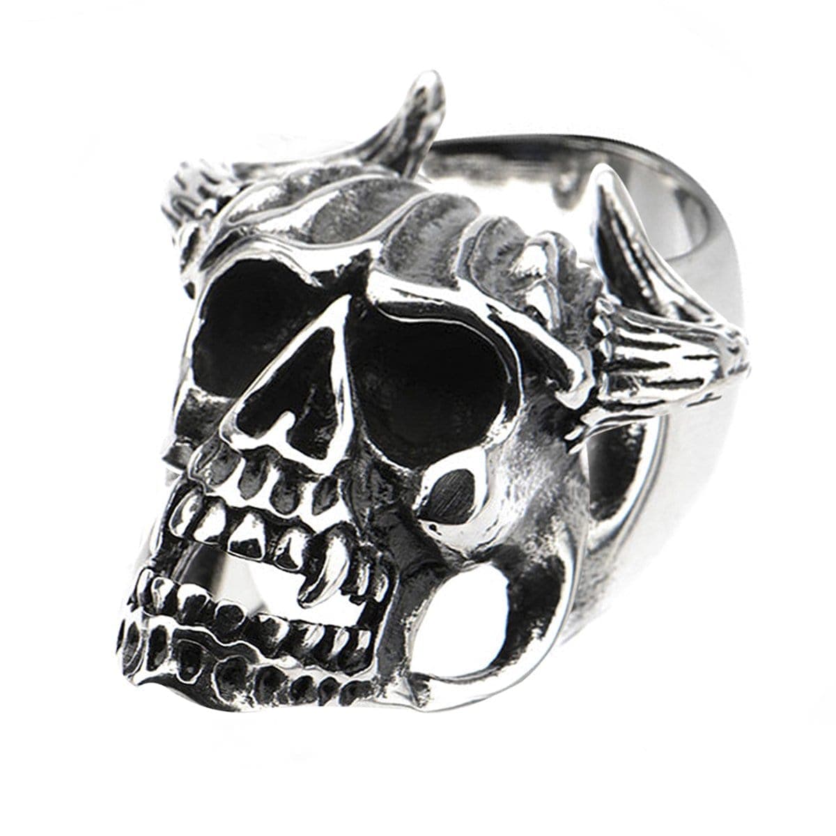 INOX JEWELRY Rings Antiqued Silver Tone Stainless Steel Oxidized Skull with Horns Ring