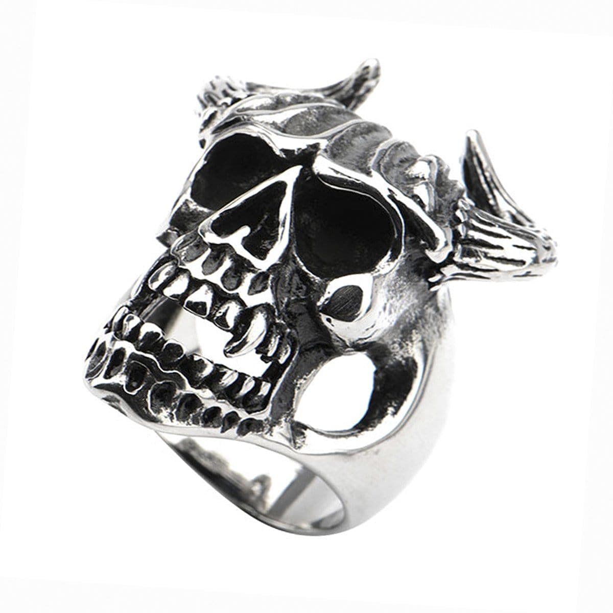 INOX JEWELRY Rings Antiqued Silver Tone Stainless Steel Oxidized Skull with Horns Ring