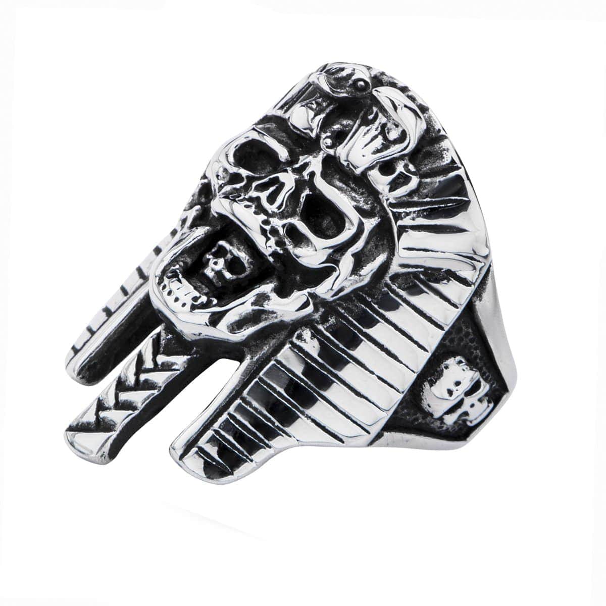 INOX JEWELRY Rings Antiqued Silver Tone Stainless Steel Pharaoh Skull Ring