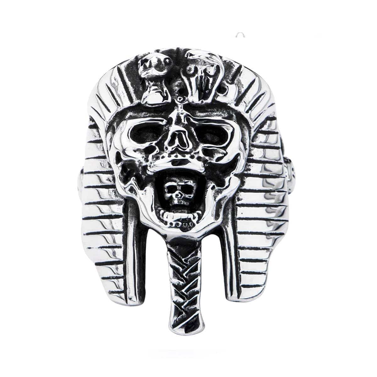 INOX JEWELRY Rings Antiqued Silver Tone Stainless Steel Pharaoh Skull Ring